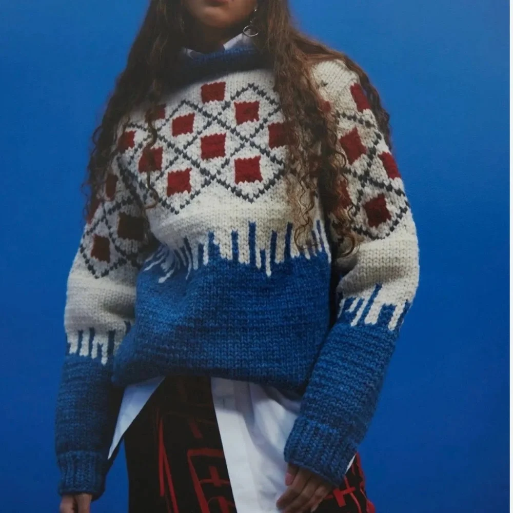LE CAVALIER KANATA SWEATER HANDKNIT BLUE/RED 100% wool‎ chunky size 42